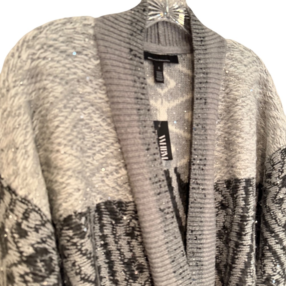 White House Black Market Fair Isle Sequin Cardigan Sweater Women's L Gray Boho - Picture 5 of 14